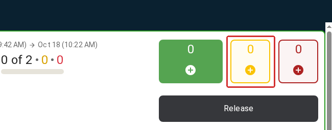 A started Job card: three output quick actions are available on the right — accepted (green), quality not yet specified (yellow), and rejected (red). Release below them opens detailed quantity entry.
