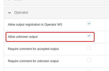 Under Settings → System settings, the Operator group is expanded. General output registration is already enabled; Allow unknown output adds a separate quality category to the Operator workplace. The adjacent setting can separately require a comment for such output.