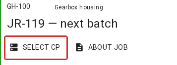 SELECT CP is a button even though it looks like ordinary text. The red frame highlights it below the CP file name; ABOUT JOB is on the right.