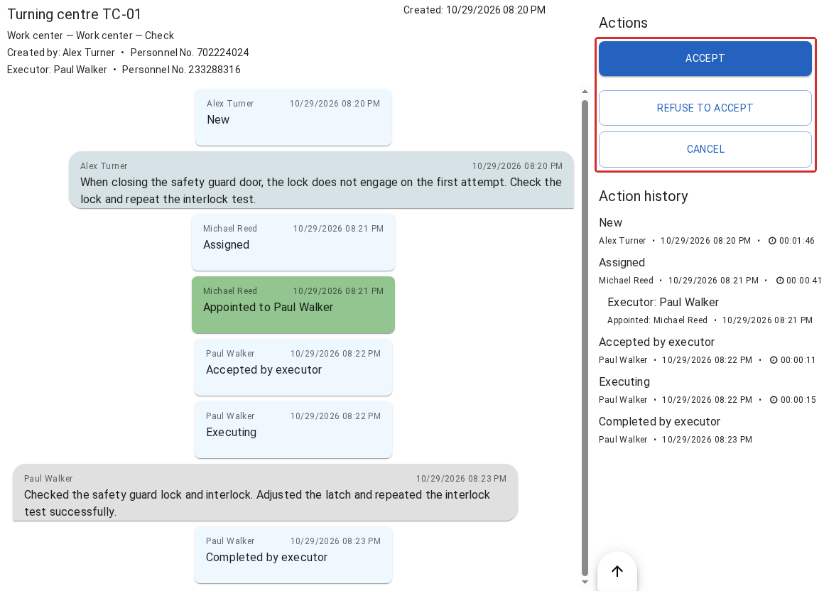 The author has opened the Ticket after the Mechanic handed over the result: Completed by executor is already present in the history, and acceptance decisions are available on the right. The outline highlights the author’s action area; ACCEPT here applies to the work result, while REFUSE TO ACCEPT closes the request with an author rejection.