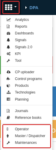 The red frames highlight the Applications menu button and the three role-workplace entries. These entries open the corresponding workplace in the context of the current user.