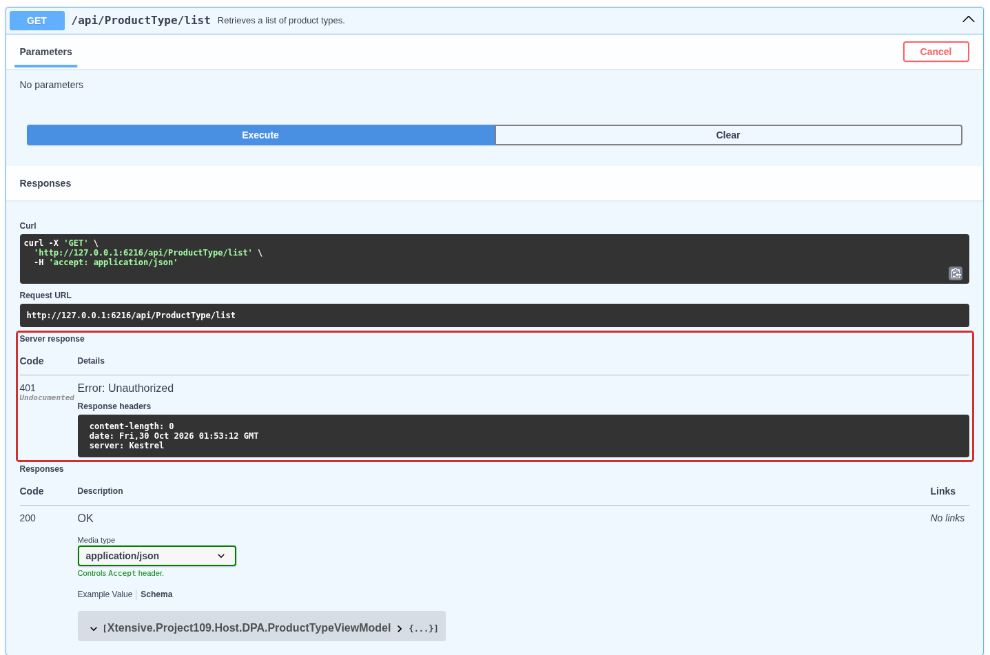 A product-type-list request without valid authentication. Server response contains 401 Unauthorized; Swagger separately shows the documented successful 200 response below it. Undocumented refers to the response description and does not remove the authentication check.