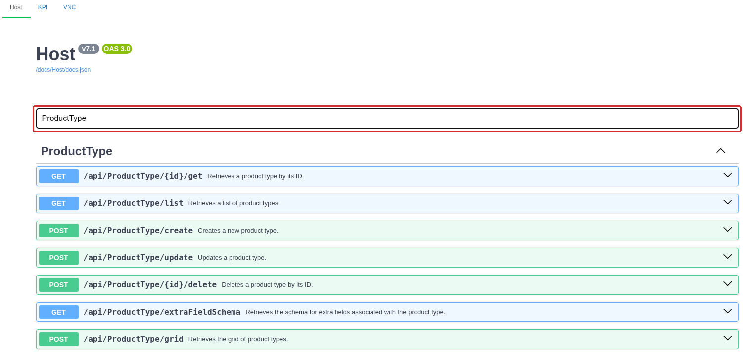 The API description area on the Host tab. Filter by tag leaves the ProductType group, where list reading, creation, update and deletion of product types are shown as separate operations.