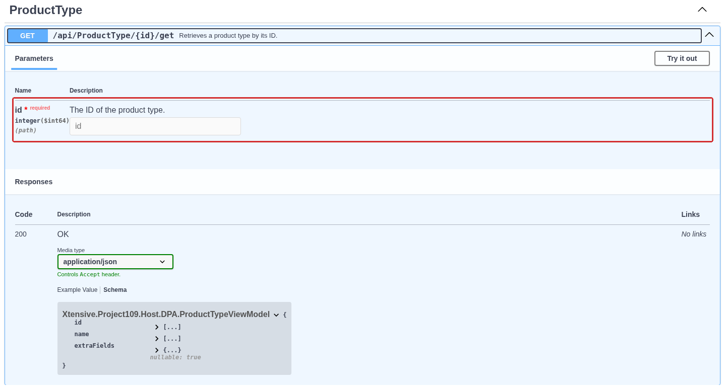Expanded operation GET /api/ProductType/{id}/get. The required path parameter id is highlighted; the successful response code and returned-object schema are shown below.