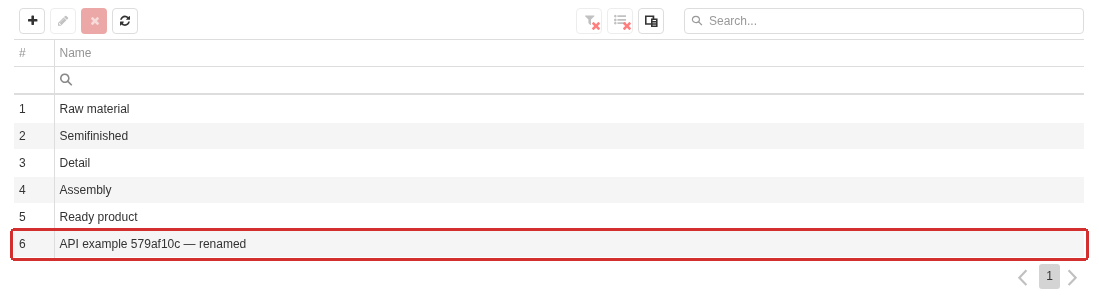 The Product type created and renamed by the API application in the ordinary Product types reference book. The exact name with its random suffix is highlighted. The # column contains the row number, not the object’s server id.
