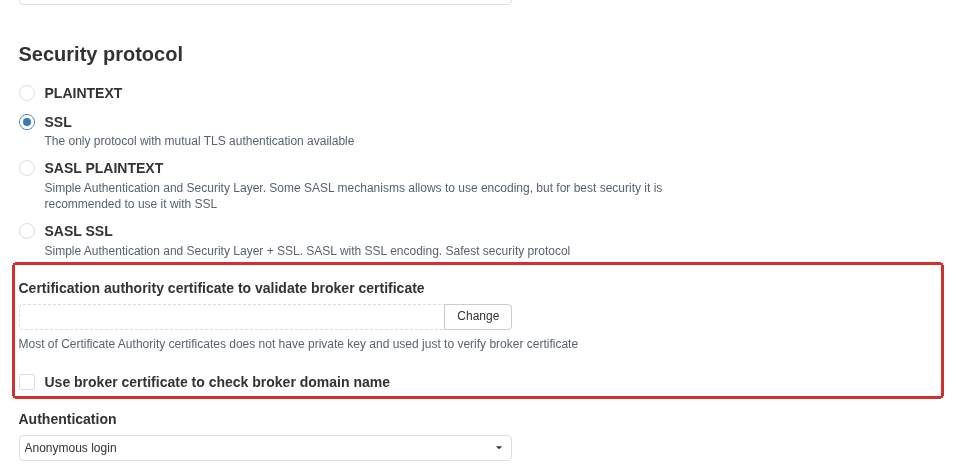 Selecting SSL exposes the CA certificate used to validate the broker and a separate option for validating its domain name. In this screenshot SSL is selected temporarily without saving the configuration.