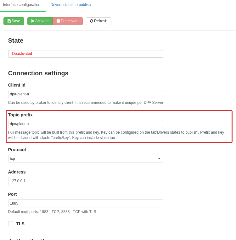 The MQTT Interface configuration tab. The common topic prefix is highlighted; the key of a particular state is configured on the adjacent tab. Host and port belong to the broker reachable from DPA Server.
