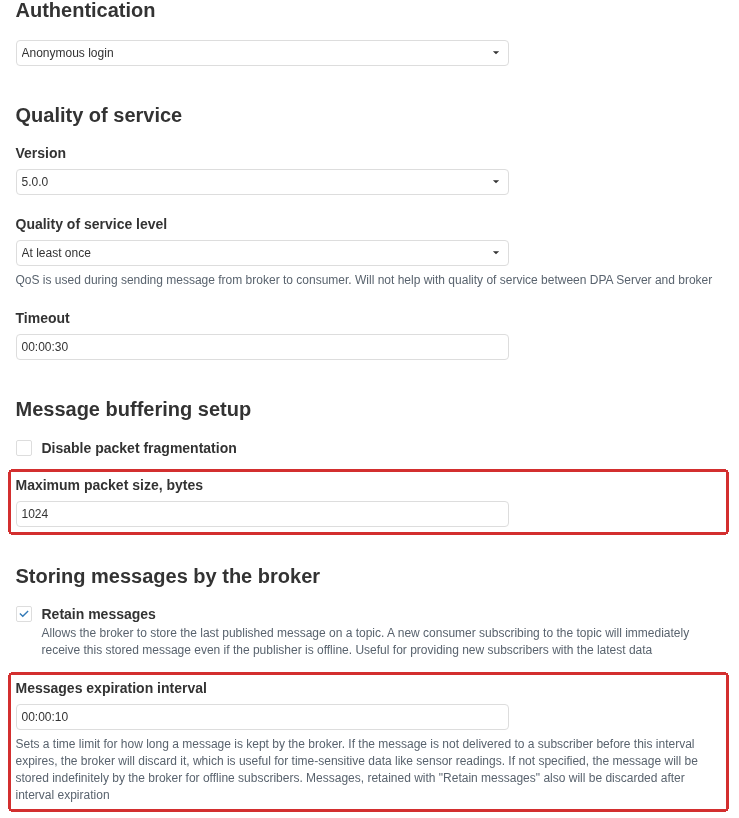 MQTT delivery and retention settings. The outline highlights the advertised receive-packet limit and the message-expiry period. Retain messages allows a new subscriber to receive the last retained value for the topic.