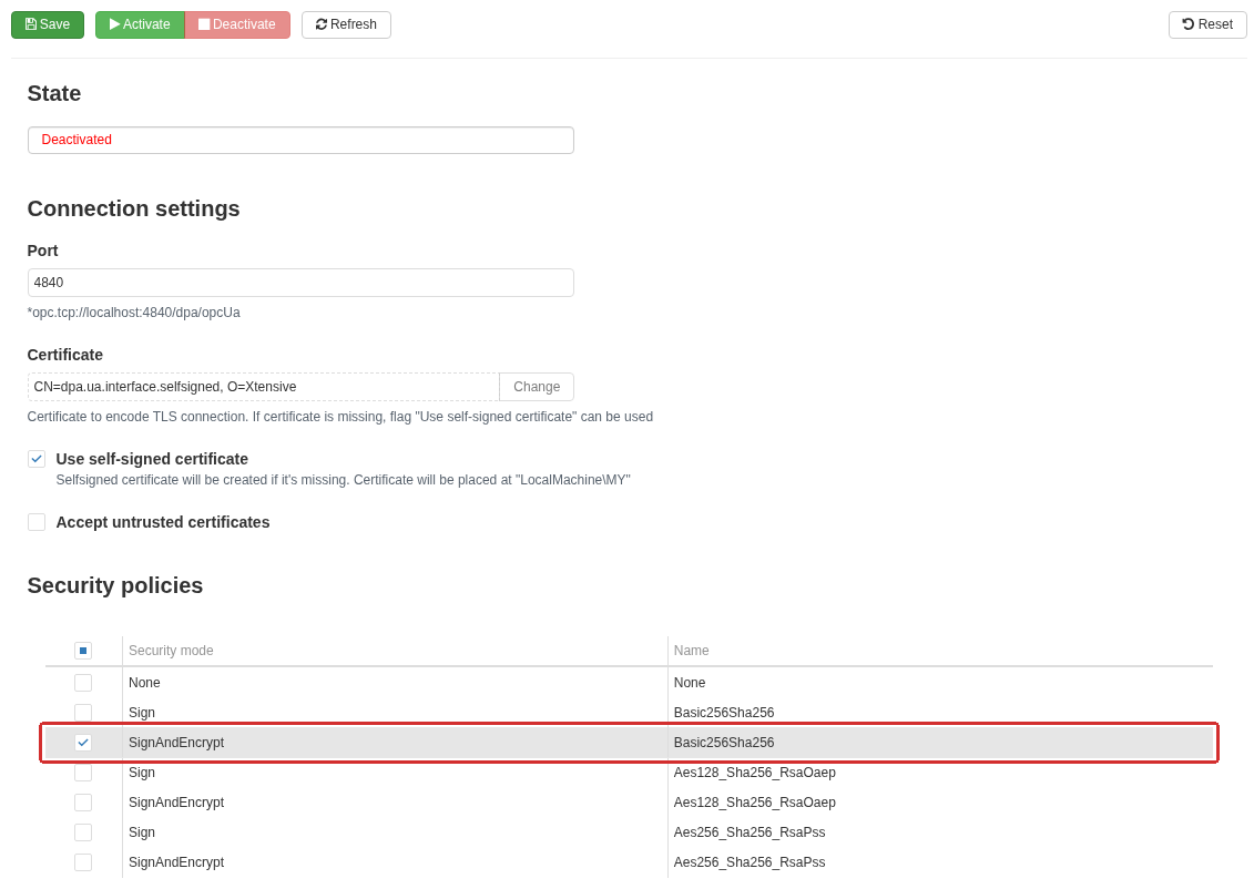 Outbound OPC UA Server configuration under Monitoring → DPA Host → DPA Server → Interfaces → OPCUA. The interface is stopped before the parameters are changed. Only SignAndEncrypt / Basic256Sha256 is selected; None / None remains cleared. Automatic acceptance of untrusted certificates is disabled.