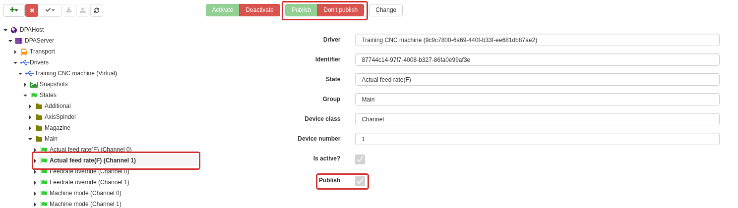 The Actual feed rate(F) (Channel 1) state shows that the Publish checkbox only displays the current setting. Use the Publish and Don’t publish buttons above the form to change it.