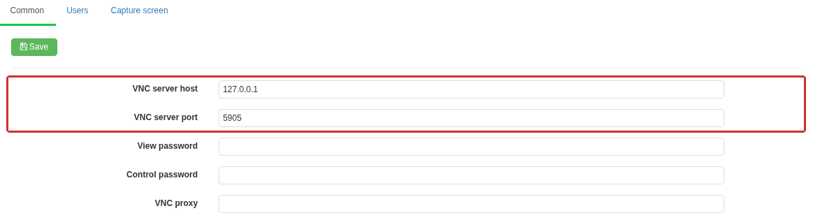The Common tab contains the target host, port and passwords for the two connection modes. The outlined host and port belong to the target VNC server; the VNC microservice establishes the connection to that server.