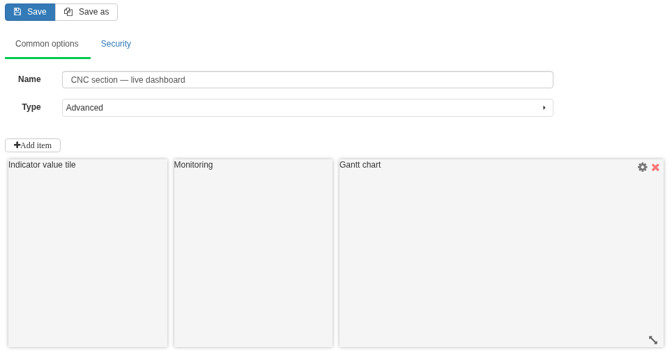 Example layout of an Advanced dashboard: three widgets are arranged in one row and the Gantt chart block is twice as wide as the others. The gear opens settings for the corresponding widget. After changing the layout, select Save and check the data through View.