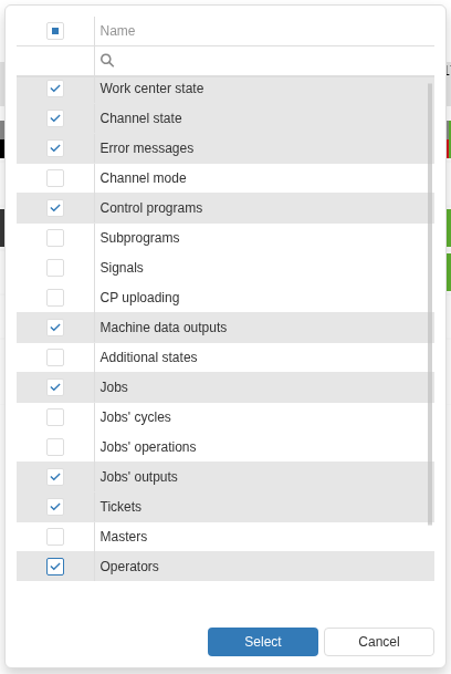 The State types window: use the checkboxes in the left column to choose information for timeline bands, then select Select. Machine data, Jobs, Tickets and personnel shifts can be combined in one view.