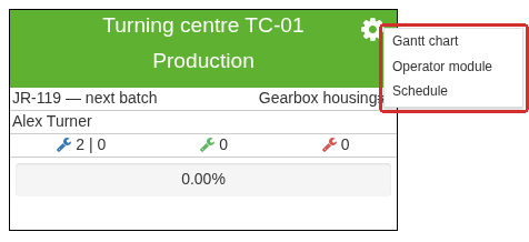 The menu for the Turning centre TC-01 tile is opened from the gear in its header. The highlighted commands open the Gantt chart, the Operator workplace and the schedule for this machine.