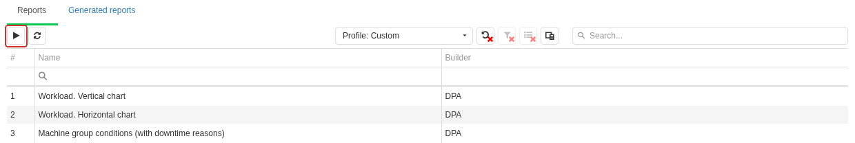 The Reports tab with the report-template list. The outlined triangle button opens Show report options and rebuild report for the selected template.