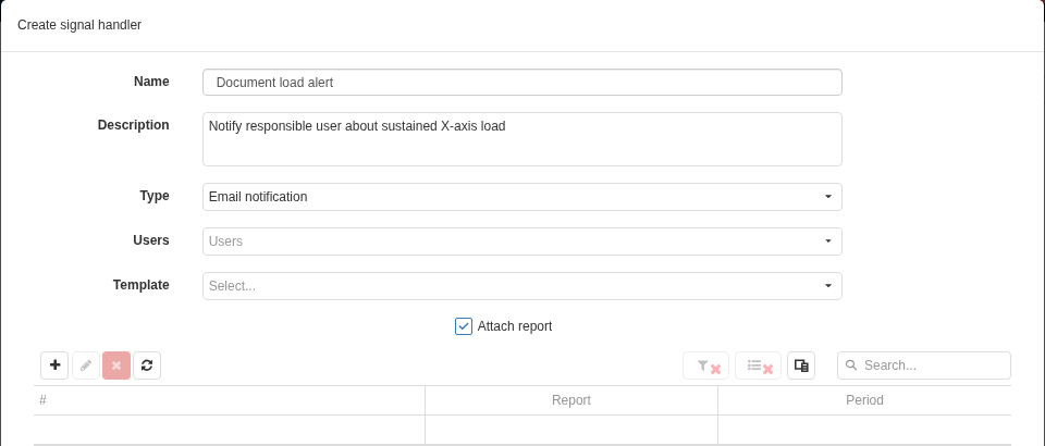 A classic Handler card defines notification type, recipients and template. Attach reports opens the attachment-configuration table.