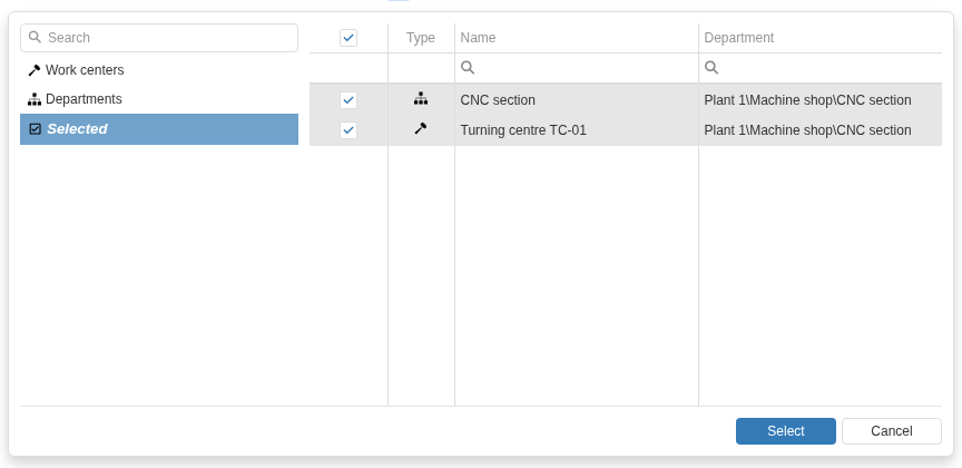 Selected shows objects of different types in one list. A Department and an individual Work center are selected together; their types are distinguished by the icons.