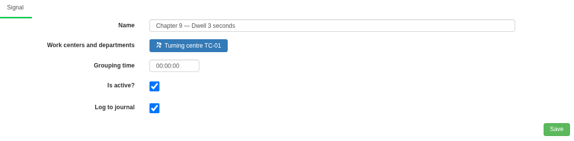 Signal card: equipment scope, grouping, active state and journal logging are configured separately. In this example grouping is zero and long-term journal logging is enabled.
