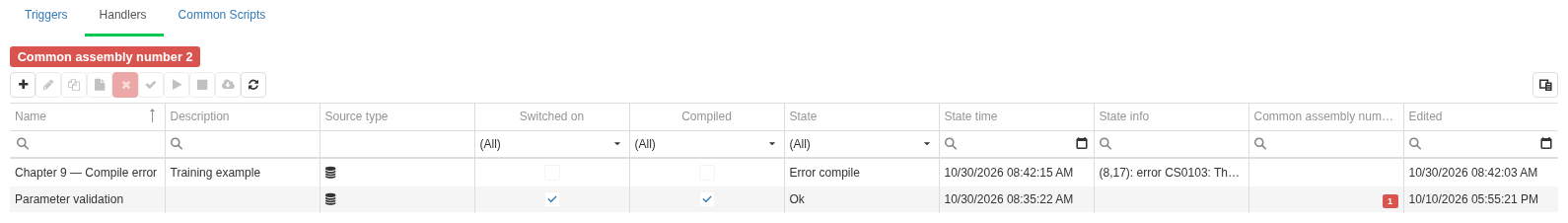 In the Handlers list, switched-on state, compilation, runtime state and Common assembly number are shown separately. A red number marks an older common assembly; a compile error appears as a separate state.