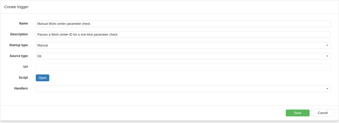 A new manual Trigger card: the code is stored in the DPA database, while Handlers is still empty. The receiver is created next and the relationship is configured afterwards.