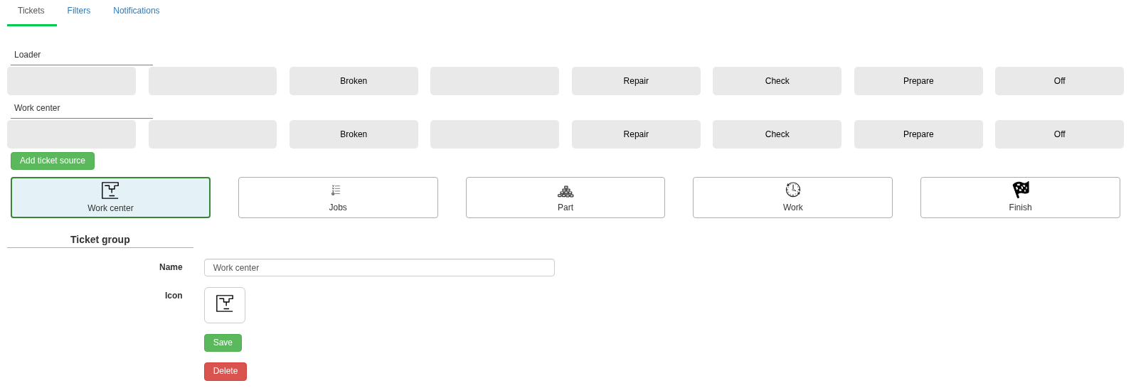 The selected Work center group has Loader and Work center sources, each with request-type positions. The editor below belongs to the selected group.