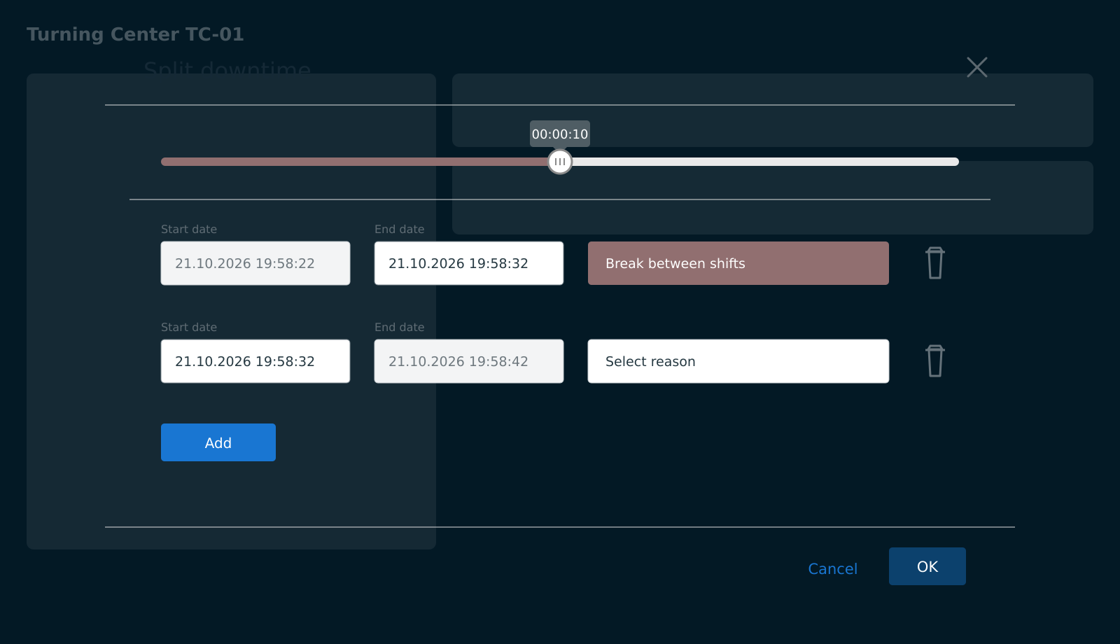 When first opened, Split downtime already contains two segments. The original reason remains on the first segment and a reason must be selected for the new one; Add creates another segment, while OK saves the complete breakdown in one operation.