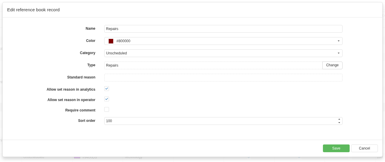 The Repairs reason card contains its category, type, assignment permissions and comment requirement. An empty Standard reason means that Repairs has no built-in system designation. This field is always read-only.