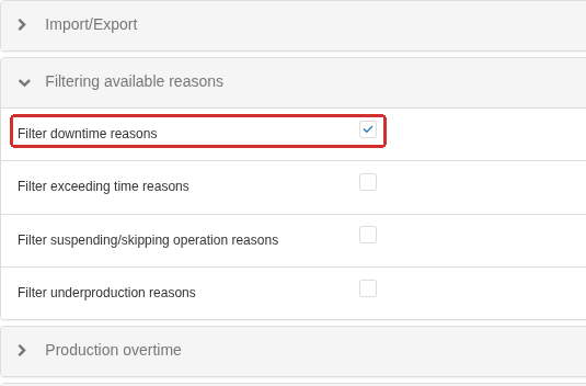 The Available reasons filtering group is expanded in System settings. The frame highlights the enabled Filter downtime reasons option; separate filtering settings for other reason kinds appear below it.