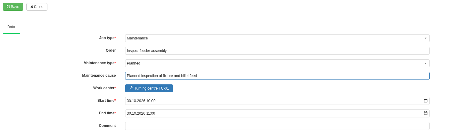A new Job card has Job type → Maintenance selected. Order, Maintenance cause, Work center, and planned Start time and End time are filled in. Planned is selected under Maintenance type.