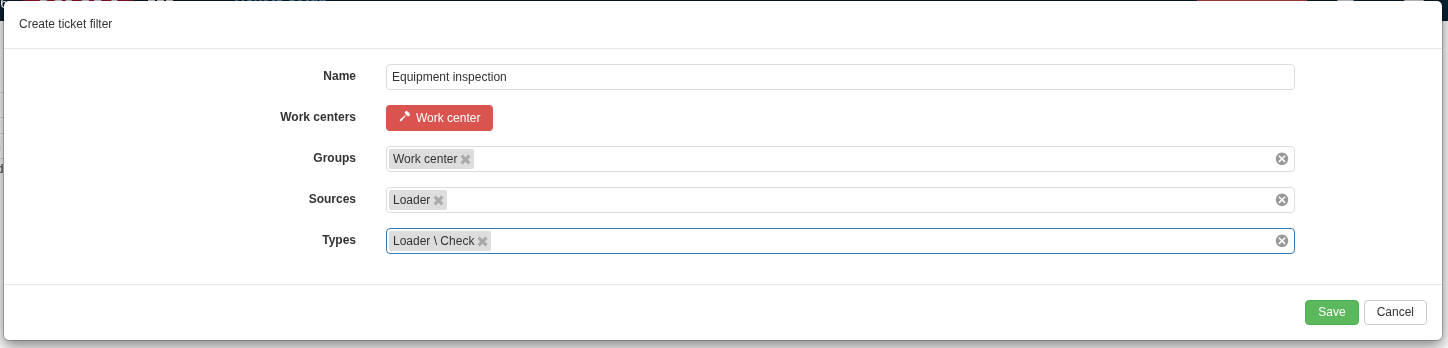 The “Equipment inspection” filter is restricted to the Work center group, Loader source and the specific Loader \\\\ Check type. No Work center is selected here, so there is no equipment restriction. Populated lists are applied together.